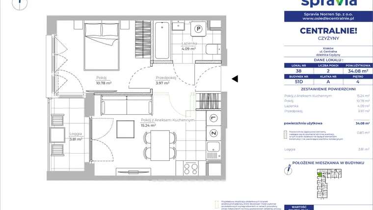 Rzut - Mieszkanie na sprzedaż 2 pokoje o powierzchni 34,08 m² - numer 51D_38 w Centralnie! Czyżyny