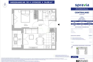 Rzut - Mieszkanie na sprzedaż 2 pokoje o powierzchni 34,08 m² - numer 51E_101 w Centralnie! Czyżyny