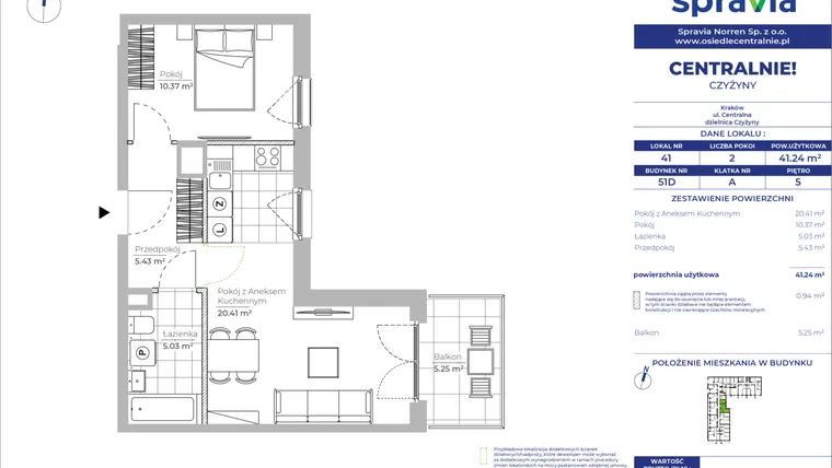 Rzut - Mieszkanie na sprzedaż 2 pokoje o powierzchni 41,24 m² - numer 51D_41 w Centralnie! Czyżyny
