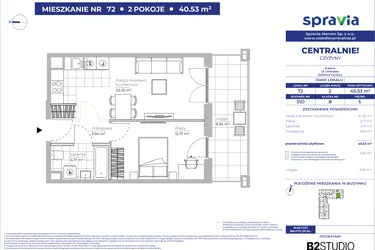 Rzut - Mieszkanie na sprzedaż 2 pokoje o powierzchni 40,53 m² - numer 51D_72 w Centralnie! Czyżyny