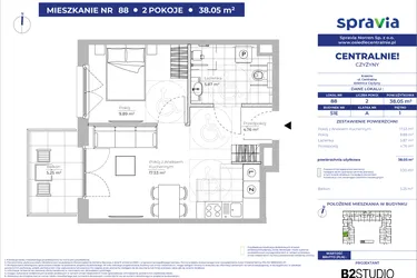 Rzut - Mieszkanie na sprzedaż 2 pokoje o powierzchni 38,05 m² - numer 51E_88 w Centralnie! Czyżyny