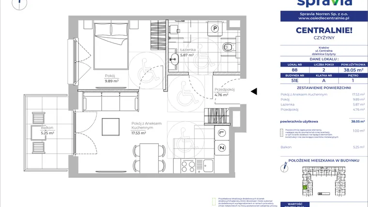 Rzut - Mieszkanie na sprzedaż 2 pokoje o powierzchni 38,05 m² - numer 51E_88 w Centralnie! Czyżyny