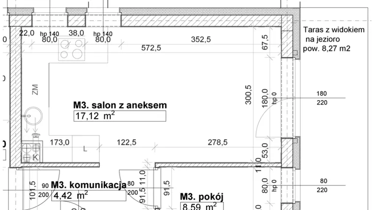 Rzut - Mieszkanie na sprzedaż 2 pokoje o powierzchni 34,6 m² - numer M3 w Osiedle Stara Cegielnia etap NAD WODĄ