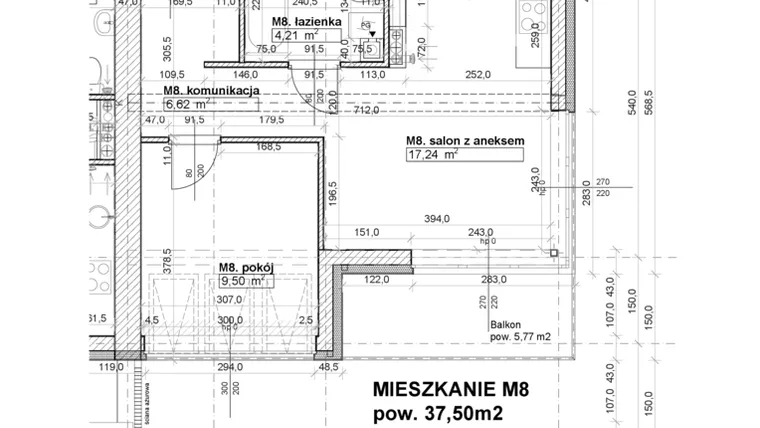 Rzut - Mieszkanie na sprzedaż 2 pokoje o powierzchni 37,5 m² - numer M8 w Osiedle Stara Cegielnia etap NAD WODĄ