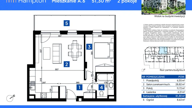 Rzut - Mieszkanie na sprzedaż 2 pokoje o powierzchni 51,3 m² - numer A.6 w Apartamenty Hampton