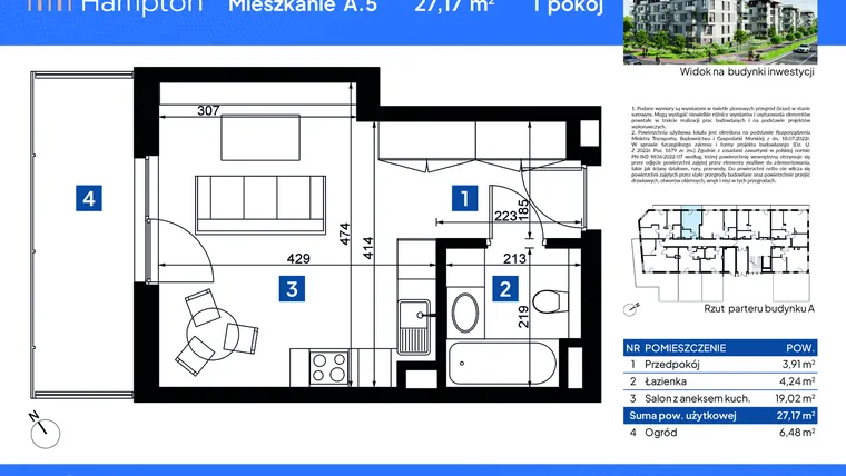 Rzut - Mieszkanie na sprzedaż 1 pokój o powierzchni 27,17 m² - numer A.5 w Apartamenty Hampton