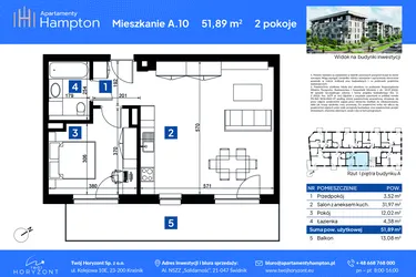 Rzut - Mieszkanie na sprzedaż 2 pokoje o powierzchni 51,89 m² - numer A.10 w Apartamenty Hampton