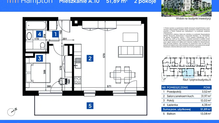 Rzut - Mieszkanie na sprzedaż 2 pokoje o powierzchni 51,89 m² - numer A.10 w Apartamenty Hampton