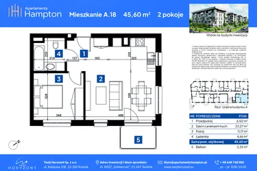 Rzut - Mieszkanie na sprzedaż 2 pokoje o powierzchni 45,6 m² - numer A.18 w Apartamenty Hampton