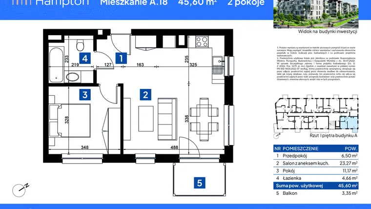 Rzut - Mieszkanie na sprzedaż 2 pokoje o powierzchni 45,6 m² - numer A.18 w Apartamenty Hampton