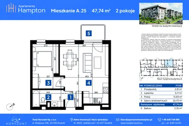 Rzut - Mieszkanie na sprzedaż 2 pokoje o powierzchni 47,74 m² - numer A.25 w Apartamenty Hampton