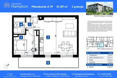 Rzut - Mieszkanie na sprzedaż 2 pokoje o powierzchni 51,89 m² - numer A.19 w Apartamenty Hampton