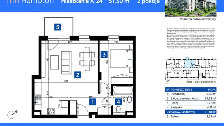 Rzut - Mieszkanie na sprzedaż 2 pokoje o powierzchni 51,3 m² - numer A.24 w Apartamenty Hampton