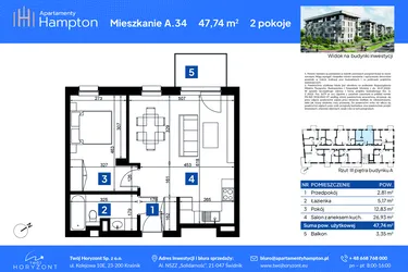 Rzut - Mieszkanie na sprzedaż 2 pokoje o powierzchni 47,74 m² - numer A.34 w Apartamenty Hampton