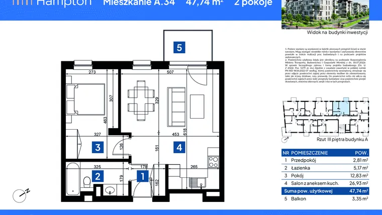 Rzut - Mieszkanie na sprzedaż 2 pokoje o powierzchni 47,74 m² - numer A.34 w Apartamenty Hampton