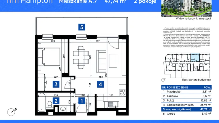 Rzut - Mieszkanie na sprzedaż 2 pokoje o powierzchni 47,64 m² - numer A.7 w Apartamenty Hampton