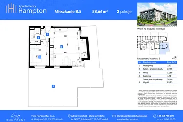 Rzut - Mieszkanie na sprzedaż 2 pokoje o powierzchni 58,66 m² - numer B.5 w Apartamenty Hampton