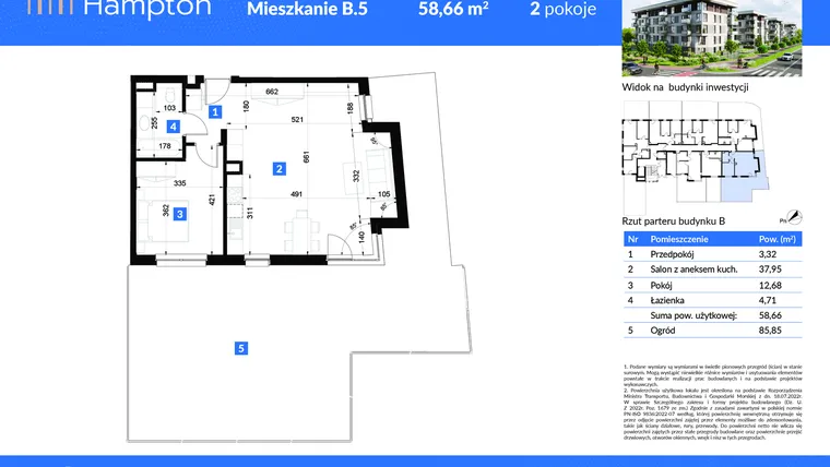 Rzut - Mieszkanie na sprzedaż 2 pokoje o powierzchni 58,66 m² - numer B.5 w Apartamenty Hampton
