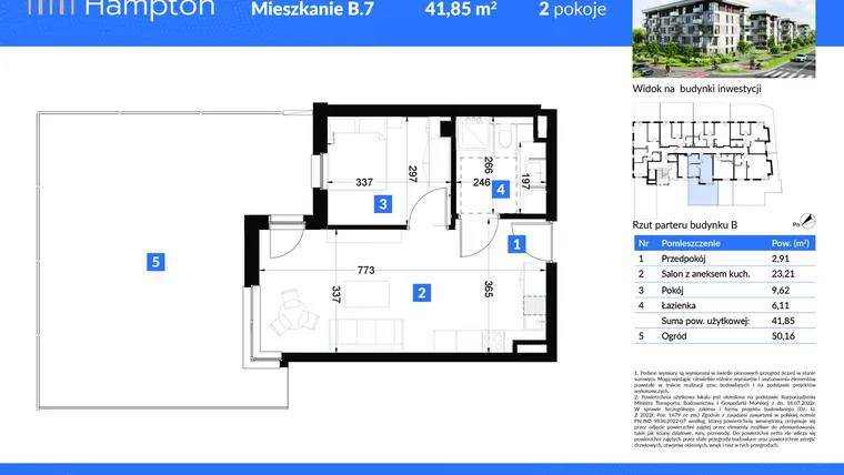 Rzut - Mieszkanie na sprzedaż 2 pokoje o powierzchni 41,85 m² - numer B.7 w Apartamenty Hampton