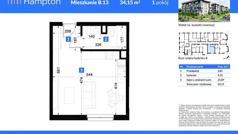 Rzut - Mieszkanie na sprzedaż 1 pokój o powierzchni 34,15 m² - numer B.13 w Apartamenty Hampton
