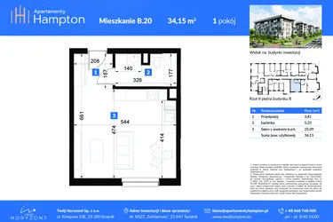 Rzut - Mieszkanie na sprzedaż 1 pokój o powierzchni 34,15 m² - numer B.20 w Apartamenty Hampton