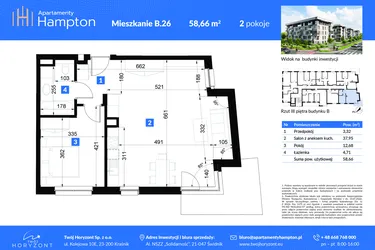 Rzut - Mieszkanie na sprzedaż 1 pokój o powierzchni 58,66 m² - numer B.26 w Apartamenty Hampton