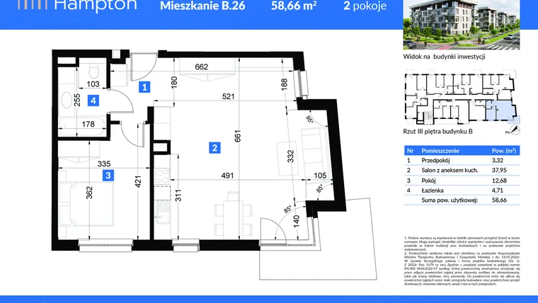 Rzut - Mieszkanie na sprzedaż 1 pokój o powierzchni 58,66 m² - numer B.26 w Apartamenty Hampton