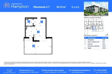 Rzut - Mieszkanie na sprzedaż 1 pokój o powierzchni 32,72 m² - numer C.7 w Apartamenty Hampton