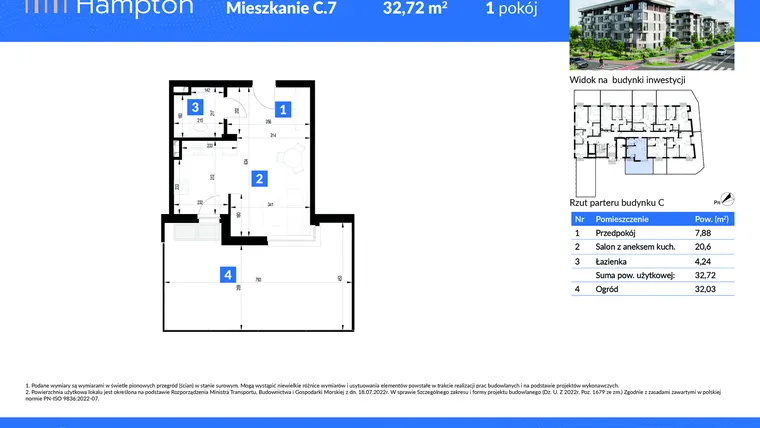 Rzut - Mieszkanie na sprzedaż 1 pokój o powierzchni 32,72 m² - numer C.7 w Apartamenty Hampton