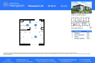 Rzut - Mieszkanie na sprzedaż 1 pokój o powierzchni 27,16 m² - numer C.20 w Apartamenty Hampton