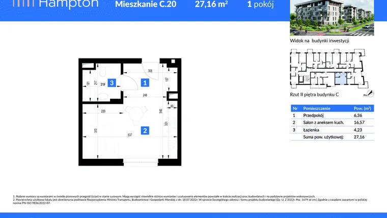 Rzut - Mieszkanie na sprzedaż 1 pokój o powierzchni 27,16 m² - numer C.20 w Apartamenty Hampton
