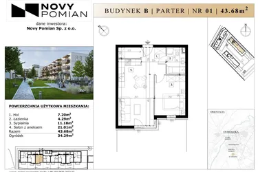 Rzut - Mieszkanie na sprzedaż 2 pokoje o powierzchni 43,68 m² - numer B/1 w OSIEDLE NOVY POMIAN bud. B