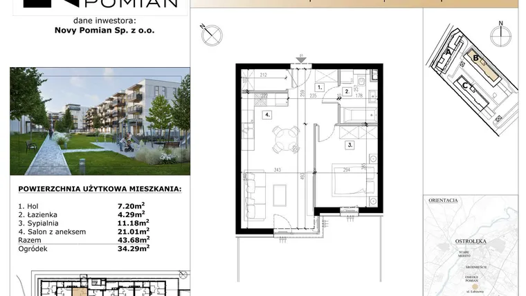 Rzut - Mieszkanie na sprzedaż 2 pokoje o powierzchni 43,68 m² - numer B/1 w OSIEDLE NOVY POMIAN bud. B