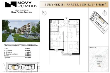 Rzut - Mieszkanie na sprzedaż 2 pokoje o powierzchni 43,68 m² - numer B/2 w OSIEDLE NOVY POMIAN bud. B