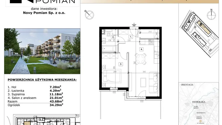 Rzut - Mieszkanie na sprzedaż 2 pokoje o powierzchni 43,68 m² - numer B/2 w OSIEDLE NOVY POMIAN bud. B