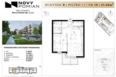 Rzut - Mieszkanie na sprzedaż 2 pokoje o powierzchni 43,68 m² - numer B/10 w OSIEDLE NOVY POMIAN bud. B