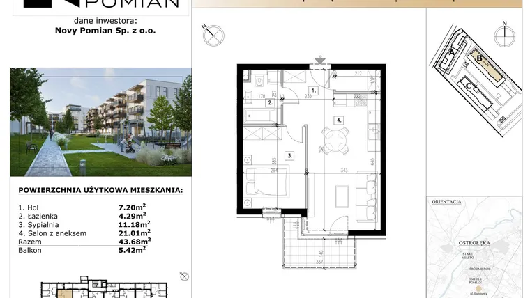 Rzut - Mieszkanie na sprzedaż 2 pokoje o powierzchni 43,68 m² - numer B/10 w OSIEDLE NOVY POMIAN bud. B
