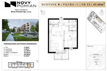 Rzut - Mieszkanie na sprzedaż 2 pokoje o powierzchni 43,68 m² - numer B/13 w OSIEDLE NOVY POMIAN bud. B