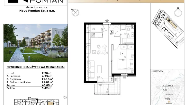 Rzut - Mieszkanie na sprzedaż 2 pokoje o powierzchni 43,68 m² - numer B/13 w OSIEDLE NOVY POMIAN bud. B