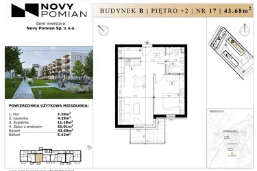 Rzut - Mieszkanie na sprzedaż 2 pokoje o powierzchni 43,68 m² - numer B/17 w OSIEDLE NOVY POMIAN bud. B