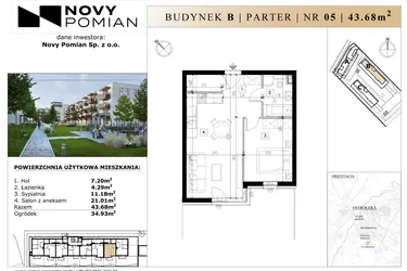 Rzut - Mieszkanie na sprzedaż 2 pokoje o powierzchni 43,68 m² - numer B/5 w OSIEDLE NOVY POMIAN bud. B