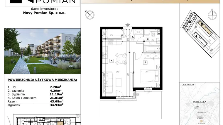Rzut - Mieszkanie na sprzedaż 2 pokoje o powierzchni 43,68 m² - numer B/5 w OSIEDLE NOVY POMIAN bud. B