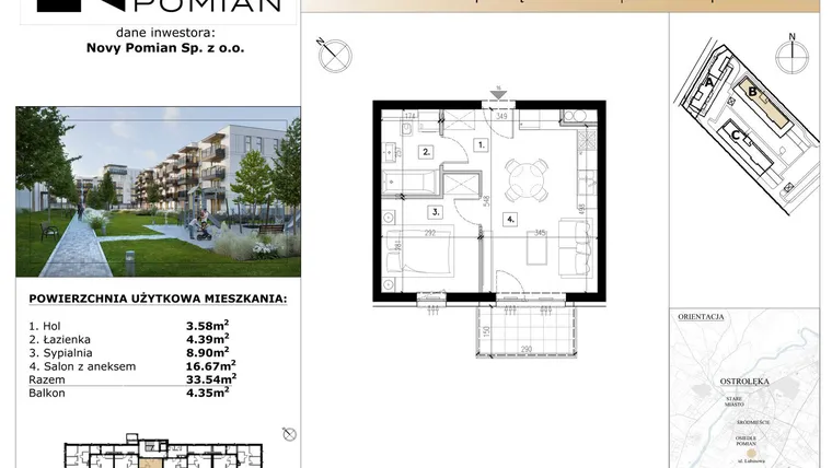 Rzut - Mieszkanie na sprzedaż 2 pokoje o powierzchni 33,54 m² - numer B/16 w OSIEDLE NOVY POMIAN bud. B