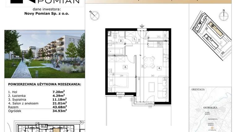 Rzut - Mieszkanie na sprzedaż 2 pokoje o powierzchni 43,68 m² - numer B/6 w OSIEDLE NOVY POMIAN bud. B