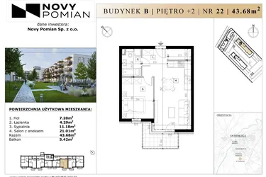 Rzut - Mieszkanie na sprzedaż 2 pokoje o powierzchni 43,68 m² - numer B/22 w OSIEDLE NOVY POMIAN bud. B