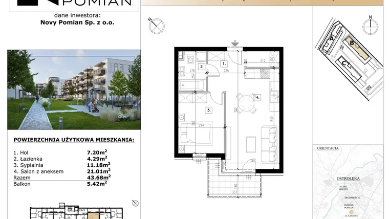 Rzut - Mieszkanie na sprzedaż 2 pokoje o powierzchni 43,68 m² - numer B/22 w OSIEDLE NOVY POMIAN bud. B