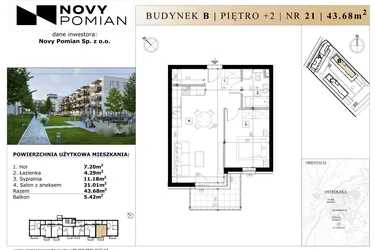 Rzut - Mieszkanie na sprzedaż 2 pokoje o powierzchni 43,68 m² - numer B/21 w OSIEDLE NOVY POMIAN bud. B