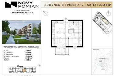 Rzut - Mieszkanie na sprzedaż 2 pokoje o powierzchni 33,54 m² - numer B/23 w OSIEDLE NOVY POMIAN bud. B