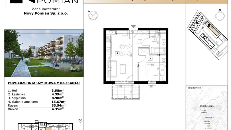 Rzut - Mieszkanie na sprzedaż 2 pokoje o powierzchni 33,54 m² - numer B/23 w OSIEDLE NOVY POMIAN bud. B