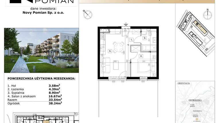 Rzut - Mieszkanie na sprzedaż 2 pokoje o powierzchni 33,54 m² - numer B/7 w OSIEDLE NOVY POMIAN bud. B